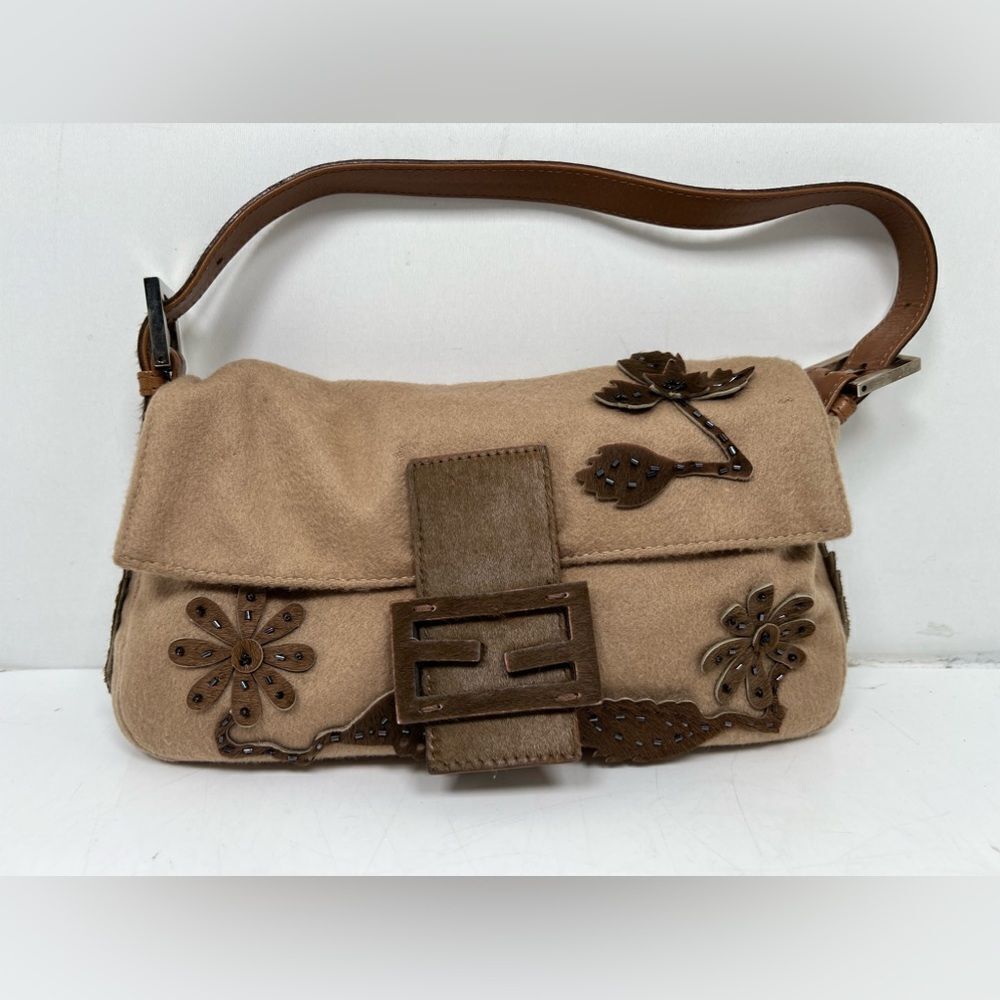 FENDI  Wool Pony Hair Flower Applique Baguette Brown